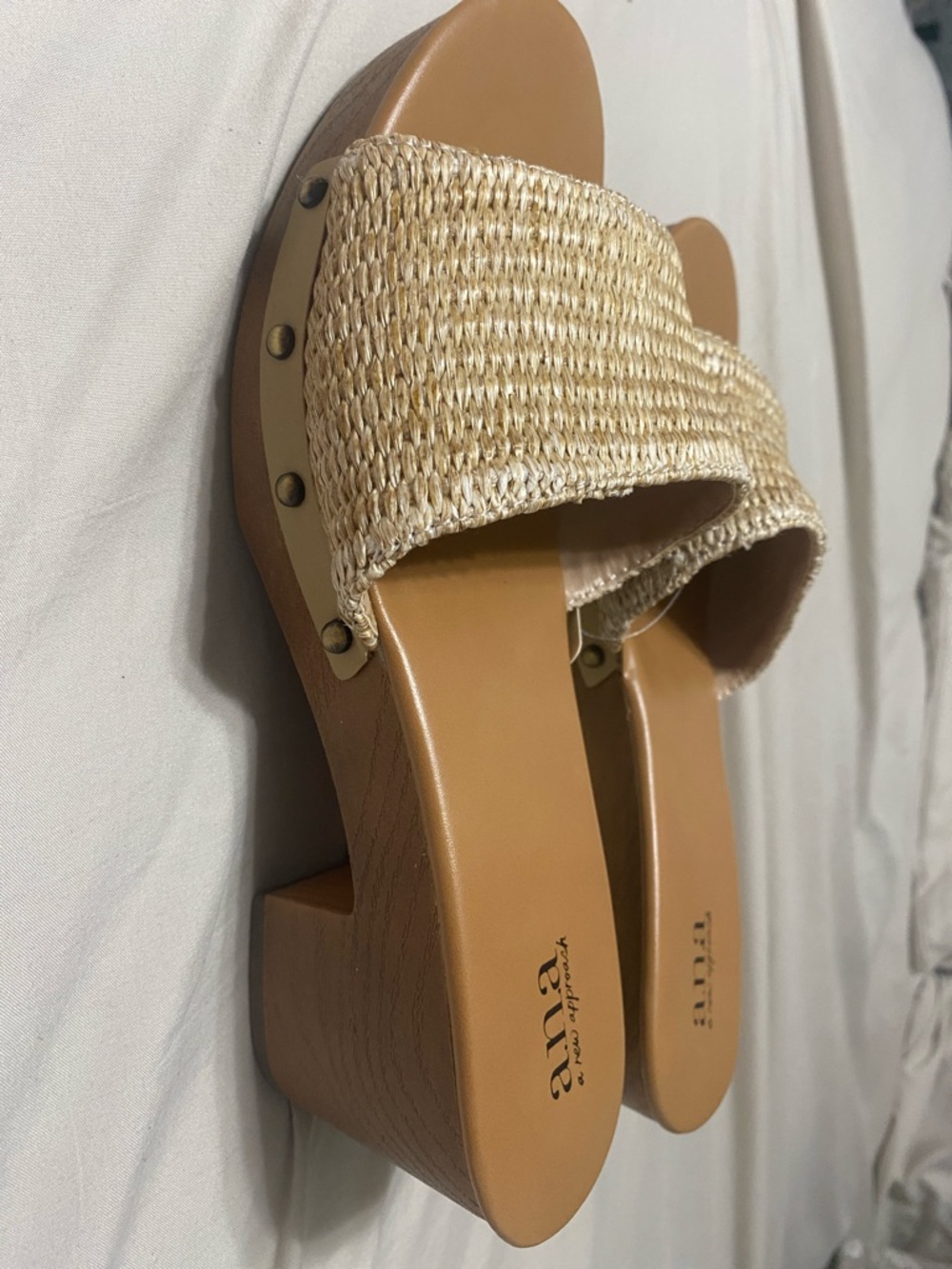 a.n.a Woven Tan Slide Mules with Stud Accent
